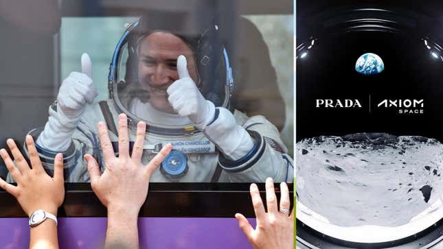 NASA astronaut Serena Aunon-Chancellor before the launch of the Soyuz MS-09 spacecraft, left, and Prada’s announcement, right. 