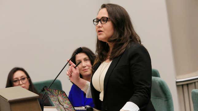 Pamela Lopez speaks at the podium during the state Assembly’s first public hearings in the Capitol to examine complaints that the Legislature has fostered a culture of pervasive sexual harassment and abuse on November 28, 2017, in Sacramento, Calif. 
