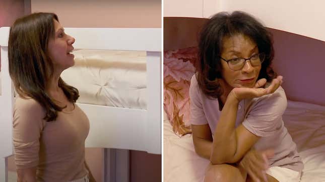 Left: Theresa, 70, reacts to the bunkbeds. Right: Sandra, 75, claims a bottom bunk.